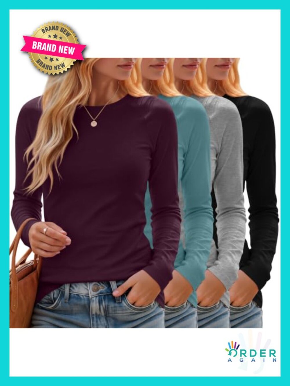 Women's Long Sleeve Crew Neck Slim Fit Cotton Blend T-Shirts 4 Pack